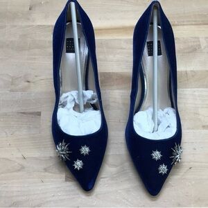 White House Black Market Blue Velvet Heels with Silver Embellishments